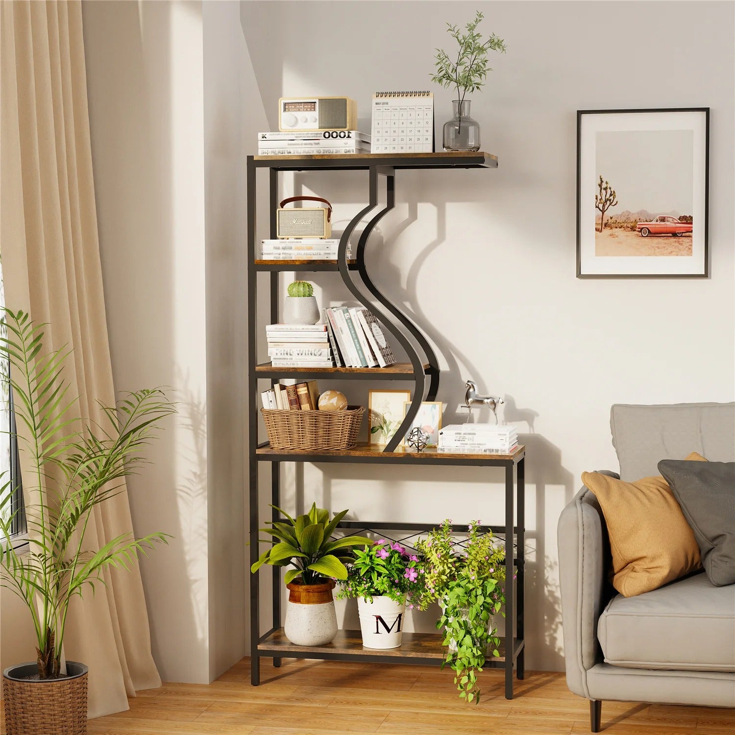 5 Tier Vintage Industrial Metal Plant Stand & Bookshelf