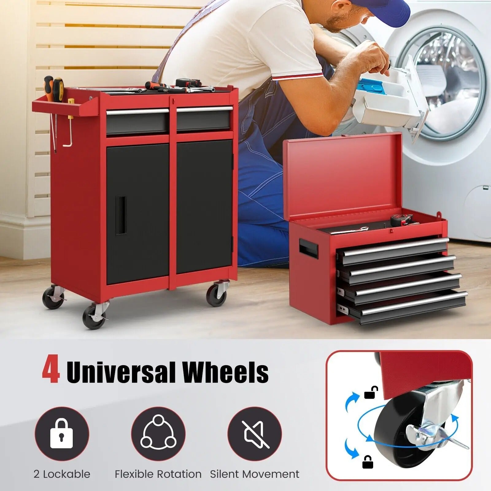 5 Drawer Heavy Duty Steel Tool Chest with 4 Universal Wheels, Ideal for Mobile Tool Organization and Accessibility.