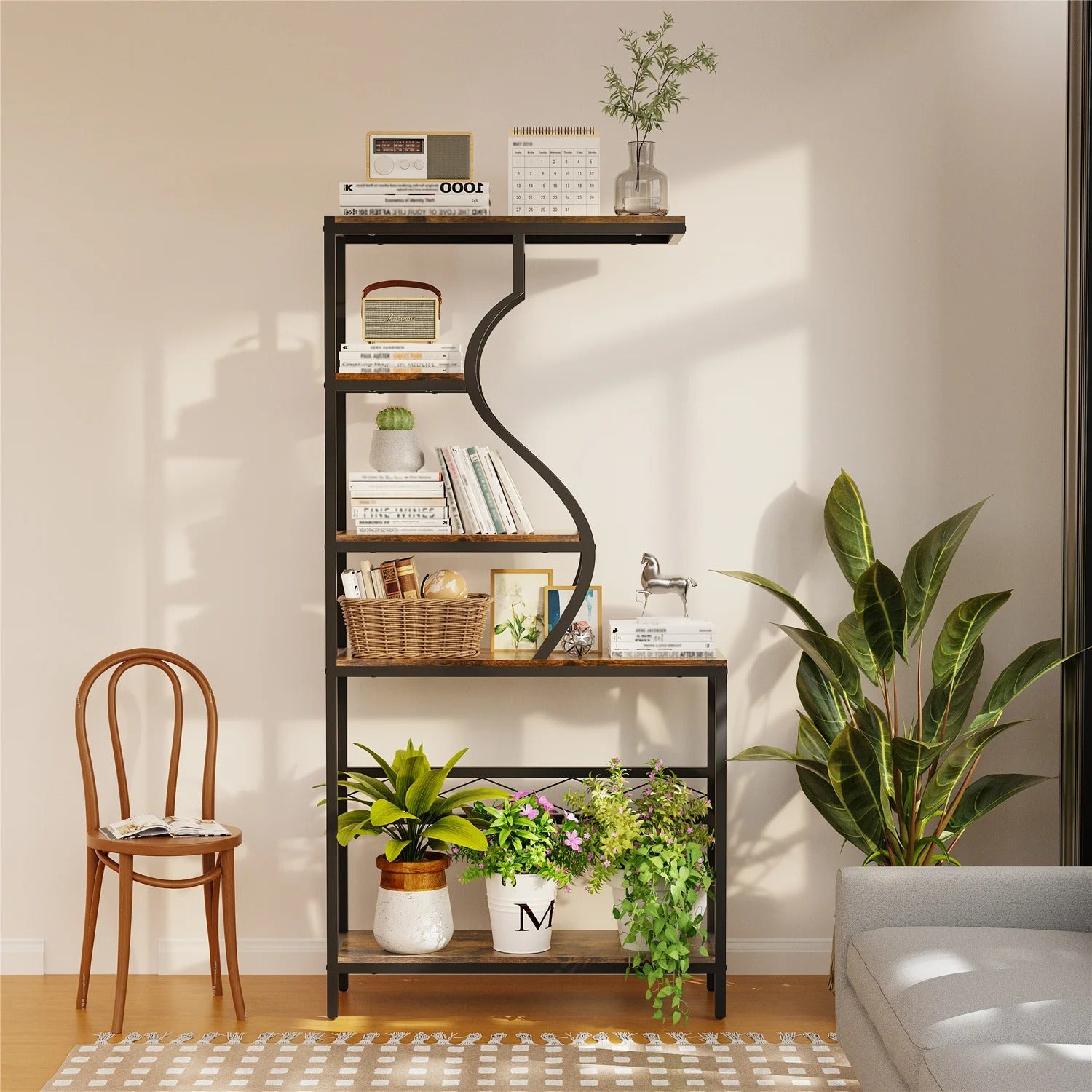 5 Tier Vintage Industrial Metal Plant Stand & Bookshelf