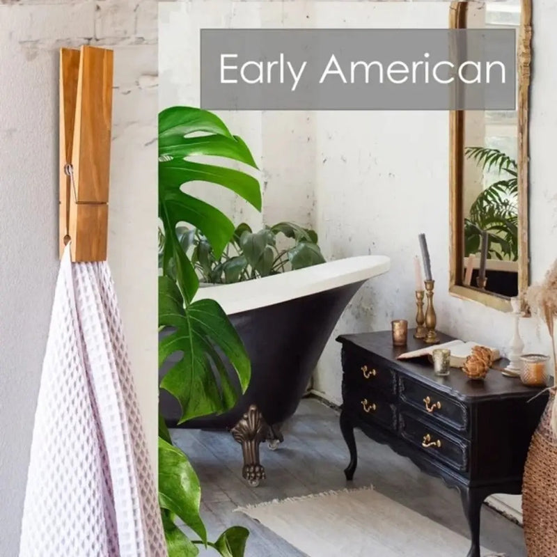 Rustic giant wooden towel clip displayed in a stylish bathroom with a clawfoot tub and elegant decor.