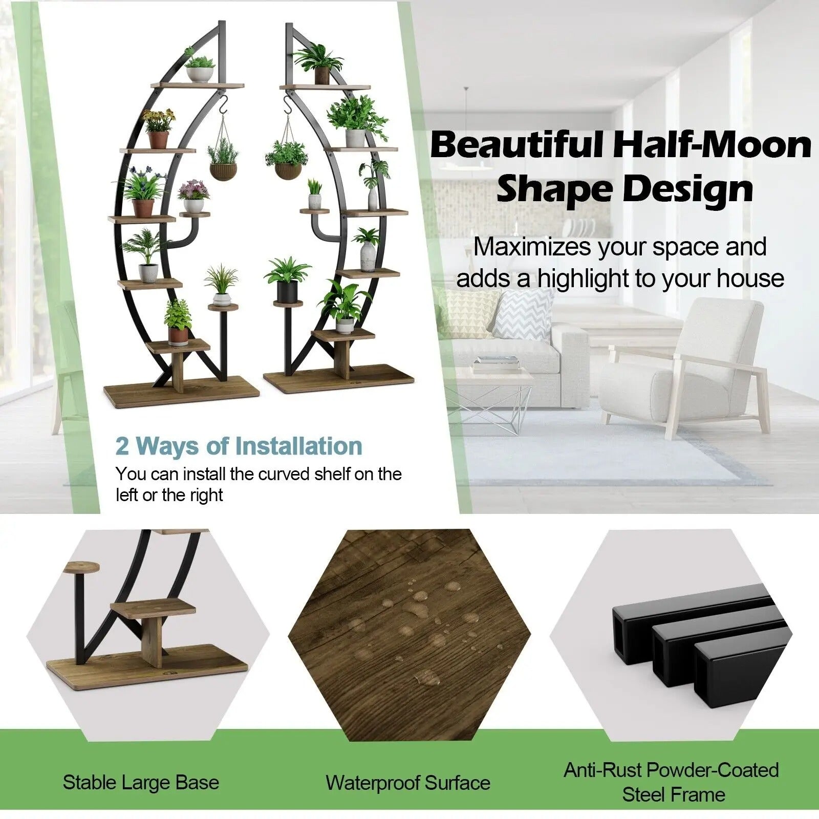 Elegant 6-Tier Metal Plant Stand with half-moon design, showcasing plants and decor in a stylish indoor setting.