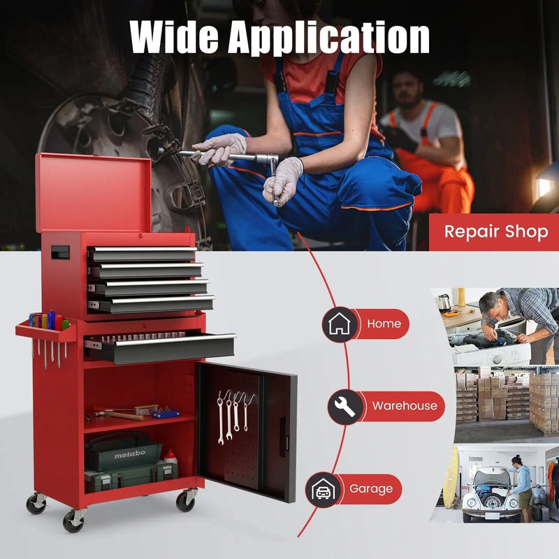 5 Drawer Rolling Tool Chest Heavy Duty Steel in a repair shop, showcasing its wide application in home, warehouse, and garage settings.