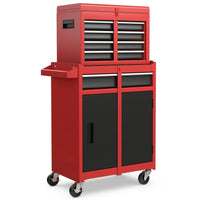 5 Drawer Rolling Tool Chest in red and black, heavy duty steel construction with wheels for easy mobility and organization.