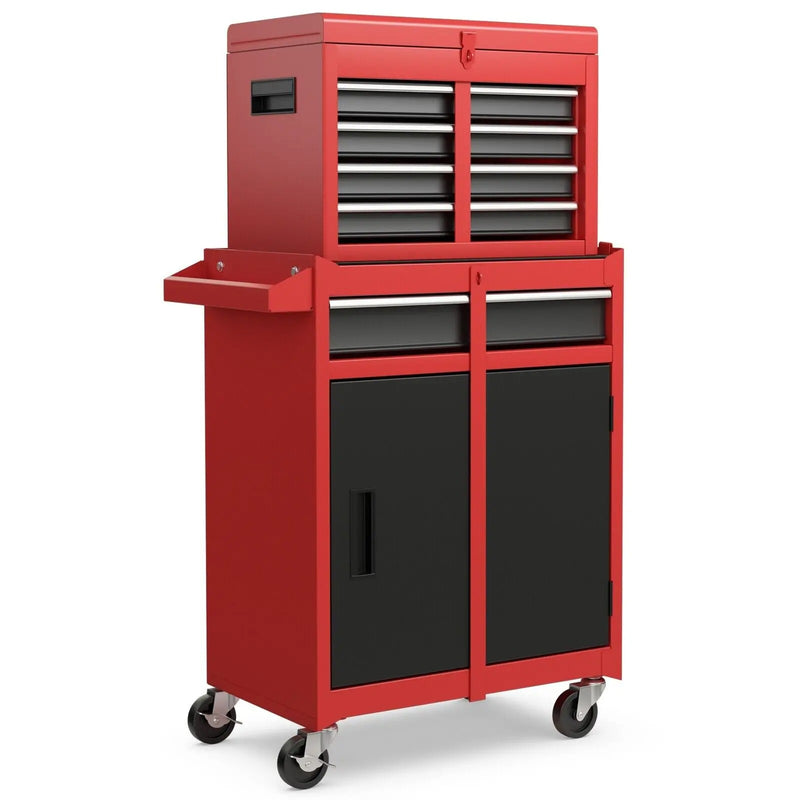 5 Drawer Rolling Tool Chest in red and black, heavy duty steel construction with wheels for easy mobility and organization.