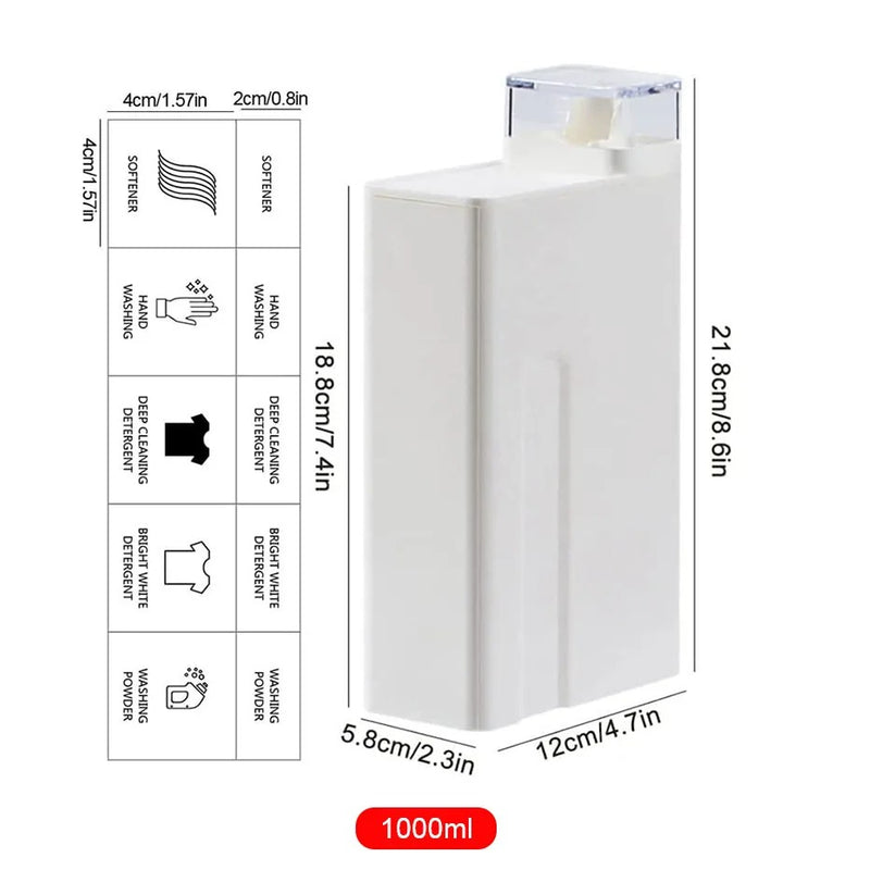 White reusable laundry detergent bottle with measurements for eco-friendly storage, 1000ml capacity, sustainable design.