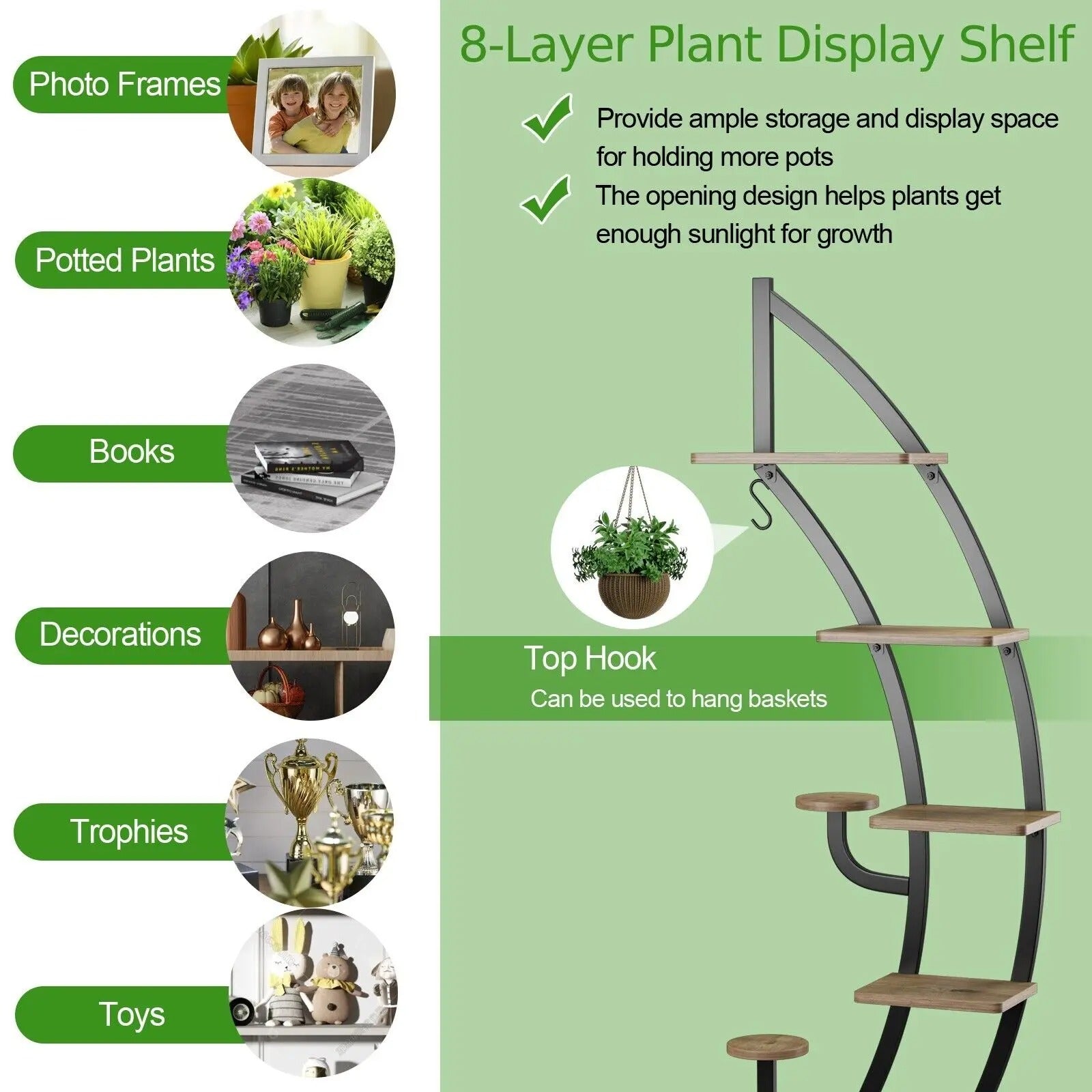 8-layer plant display shelf designed for organizing plants, books, and decorations with a top hook for hanging baskets.