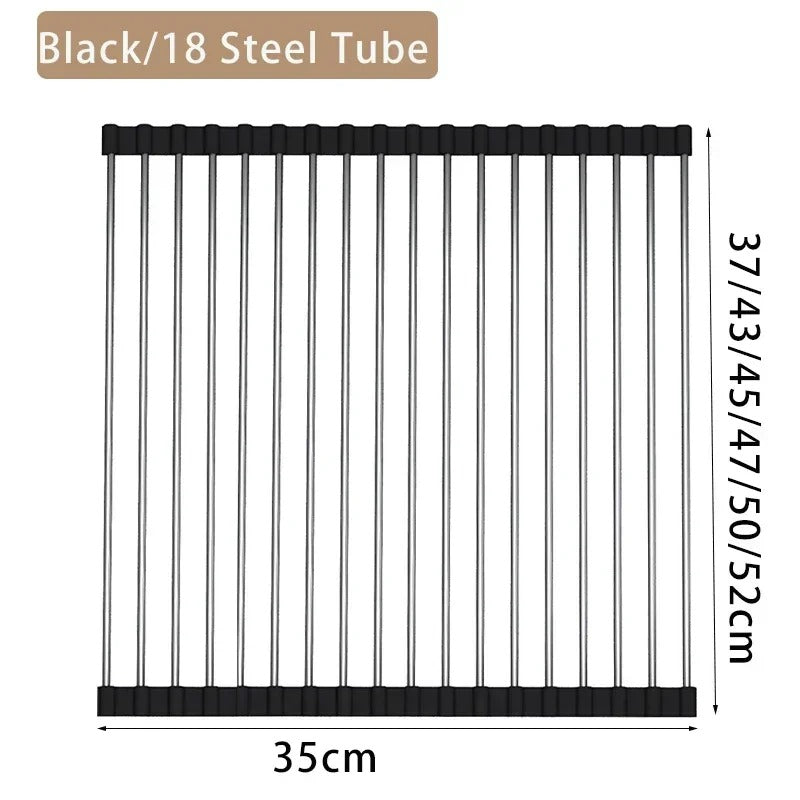 Foldable stainless steel draining rack dimensions for efficient kitchen use, 35cm width, adjustable heights from 37-52cm.