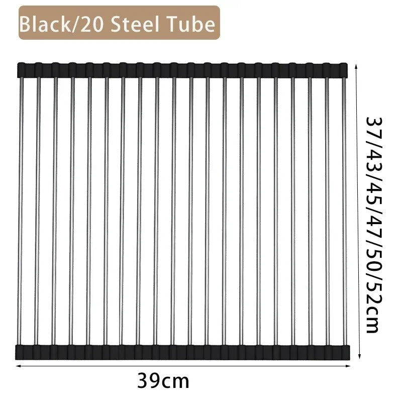 Foldable stainless steel draining rack dimensions 39cm width, height adjustable from 37 to 52cm, sleek and space-saving design.