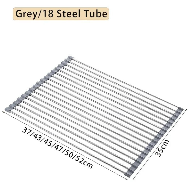 Foldable stainless steel draining rack in grey, ideal for efficient kitchen drying and space-saving organization.